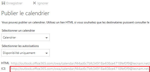 Options du calendrier Office suite