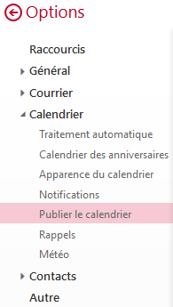 Options du calendrier Office suite