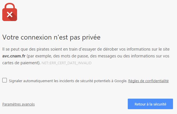 erreur de certificat sous Chrome accepter