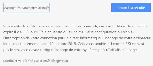 erreur de certificat sous Chrome continuer