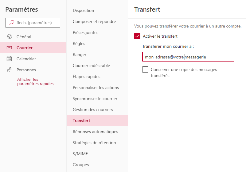trasfert vers une autre messagerie